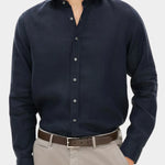 Reg Fit Cut Away Linen Shirt - Navy - Hugo Sthlm